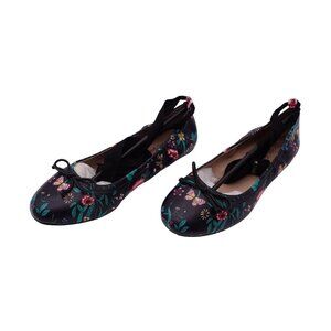 NIB Saks Fifth Avenue Beau Ballet Flats Sz 6.5M Black Floral Ribbon Wrap Slip On